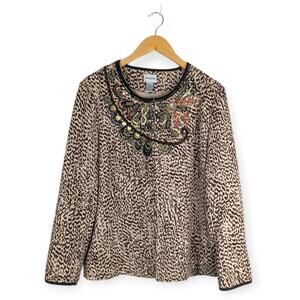 Chico's Animazing Jelica Animal Print Embroidered Sequin‎ Jacket Size 2 | Large